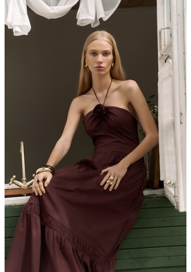 Elisa Gül Detay Bordo Uzun Elbise Bordo