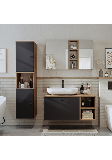 "lavabolu" Mdf 95 Cm Lotus Oval Lavabolu Banyo Dolabı Atlantik Çam - Antrasit