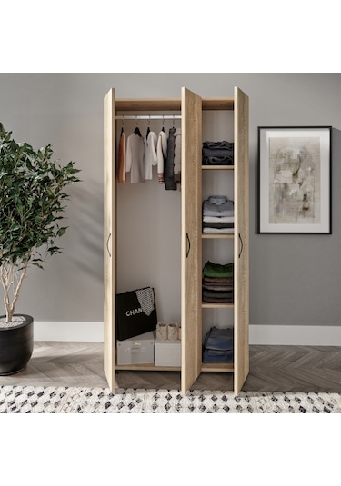 Soft 3 Kapaklı Meşe Gardırop, Elbise Dolabı - Tamamı 1. Kalite Md