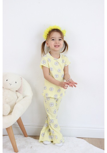 Kız Çocuk Çiçek Baskılı Raporlu Kumaş Basic Alt Üst İkili Takım 001