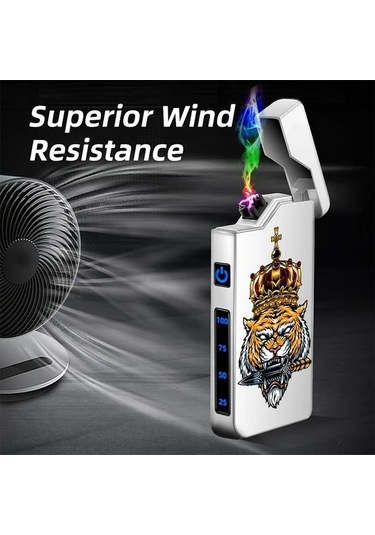 Trendooze Moda Çift Ark Kaplan Desenli Rüzgar Geçirmez Gaojunshop01 Gri Taçlı Usb Şarjlı Çift Ark Çakmak Gri Gri