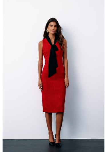 Sateen Fularlı Kolsuz Tüvit Elbise - Kırmızı-135148 Kırmızı