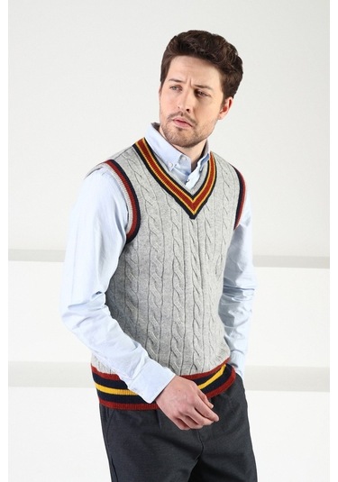 Ferraro Gri Örgü Desenli V Yaka %100 Kuzu Yünü Erkek Süveter