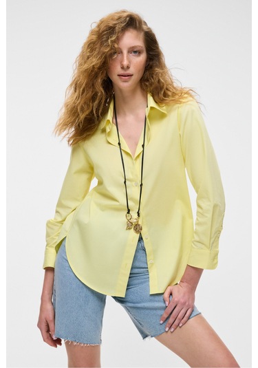 DELFINO Kadın Oversize %100 Organik Pamuk Uzun Kollu İnce Uzun Sarı Gömlek