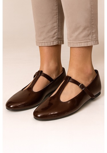 Siyah Süet T-strap Mary Jane Tasarım Babet Kahverengi