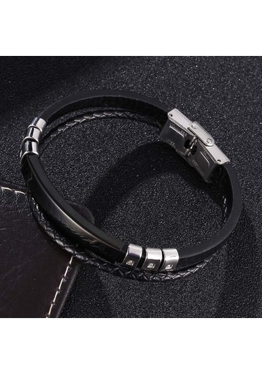 Erkekler İçin Moda Çok Katmanlı Deri Bileklikler Paslanmaz Çelik Klasik Kişiselleştirilmiş Bilezik Hediye Siyah