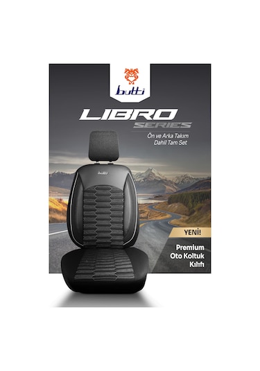 Siyah - Gri Butti Libro Serisi Keten Kumaş Premium Oto Koltuk Kılıfı Destekli, Ön Arka Tam Set