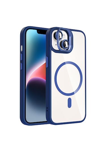 iPhone Uyumlu 14 Kılıf Standlı + Kamera Lens Koruma Setli M-safe Şarj Özellikli Mkst Etro Kapak Lacivert Lacivert
