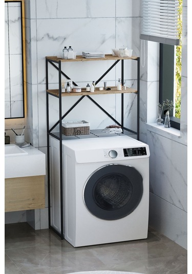 Nr Çamaşır Makinesi Üstü Dikey 2 Raflı Düzenleyici Siyah Metal Siyah