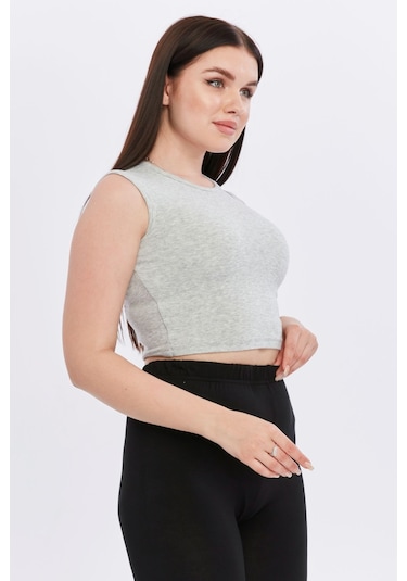 Bella Dossi Rahat Kaşkorse Kolsuz Sıfır Yaka Kadın Crop Top Gri