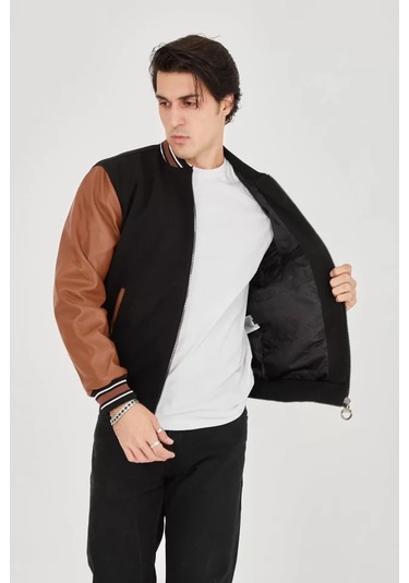 Erkek İçten Elyaf Ve Astarlı Kolları Suni Deri Ceket - Kahverengi Çok Renkli