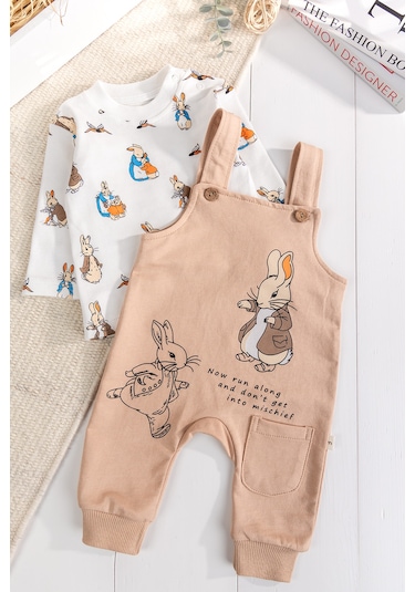 Babymod Tavşan Fiğürlü 2'li Erkek Bebek Salopet Tulum Bej