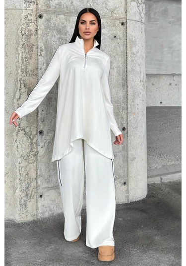 Ekru Asimetrik Kesim, Fermuarlı Bluz & Bol Paça Pantolon - Viskon İki İplik Kumaş Alt & Üst Takım Ekru