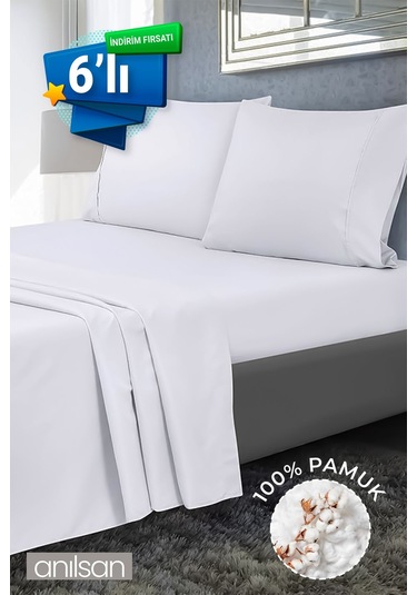 6'lı Beyaz Çarşaf - %100 Pamuk, 63 Tel, Tek & Çift Kişilik Seçenekleriyle Ev, Otel Çarşafı Beyaz
