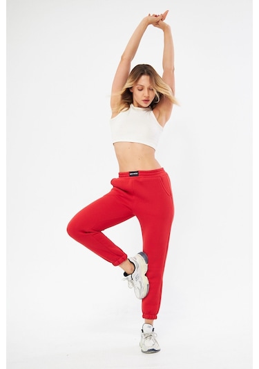 Lesa Wear Yüksel Bel Jogger Şardonlu Eşofman Altı Paçası Lastikli Kırmızı