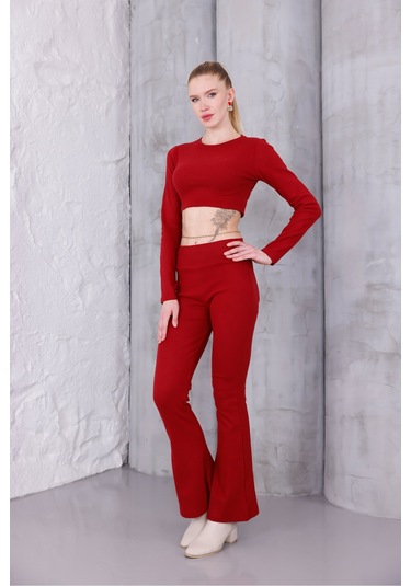 Kadın İspanyol Paça Pantolon Uzun Kollu Parmak Geçirmeli Crop Takım Bordo