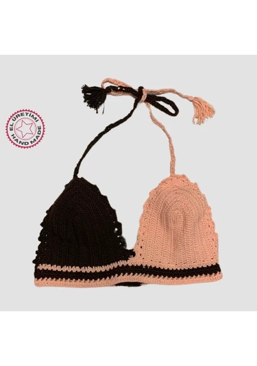 Uretti - Aslı 5776 - El Yapımı Pembe - Kahverengi Crop Top Kahverengi - Pembe