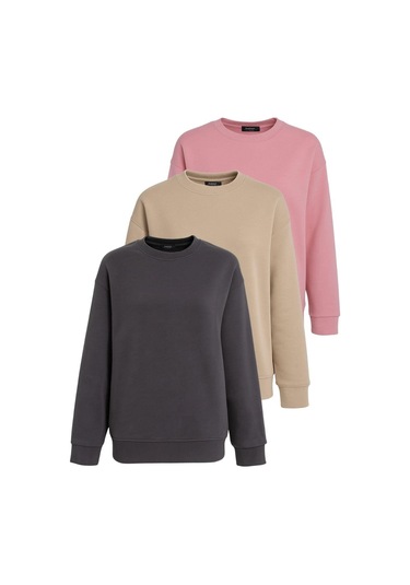 Pembe/füme/bej Bisiklet Yaka Basic 3'lü Paket Sweatshirt Mg2595 Çok Renkli