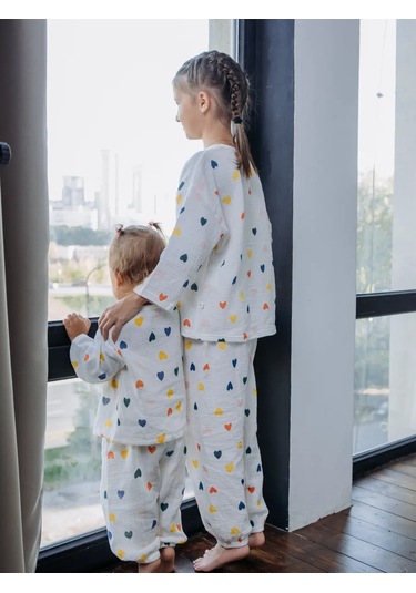 Ruandı Çocuklar İçin Kalp Desenli Müslin Pijama 262914557 Beyaz