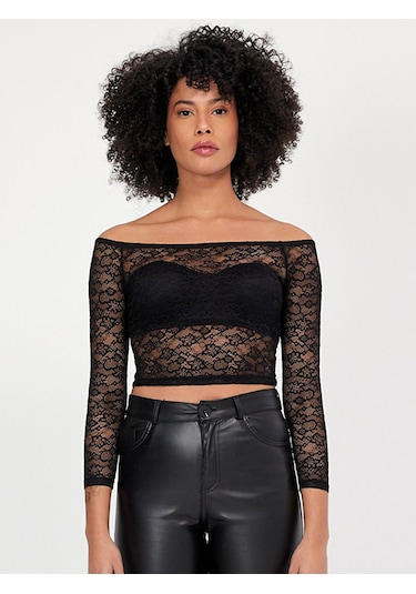 Ltb Dantel Omuzu Açık Crop Top Sweatshırt Siyah 013198124261622 - 200