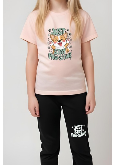 Just Stay Paw Baskılı Kız Çocuk Tişört Ve Eşofman Alt-üst Takım Somon