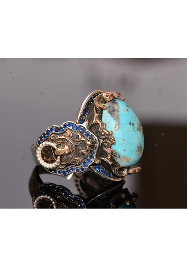 Gerçek Doğal Arizona Turkuaz Taşlı Aslan Yüzüğü - Gümüş Erkek Yüzüğü Gümüş