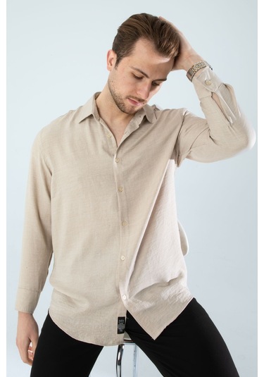 Rahat Kesim Keten Dokulu Gömlek Bej