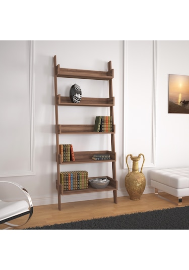 Pasifichome Only Raflı Ceviz Merdiven Kitaplık / Duvara Monte Kitaplık