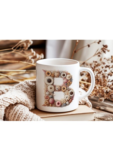 B Harfi Çiçek Desenli Kupa Bardak - Alfabe Harfleri İle Doğal Çiçekli Kupa - Hediye Fikir Beyaz