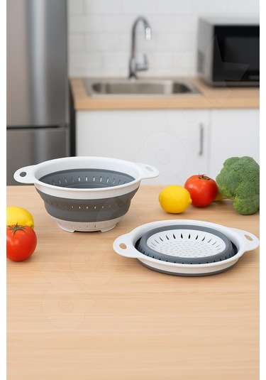 Yer Kaplamaz Katlanır Yuvarlak Süzgeç - Katlanabilir Yuvarlak Yıkama Süzgeci - Akordiyon Süzgeç Beyaz - Gri