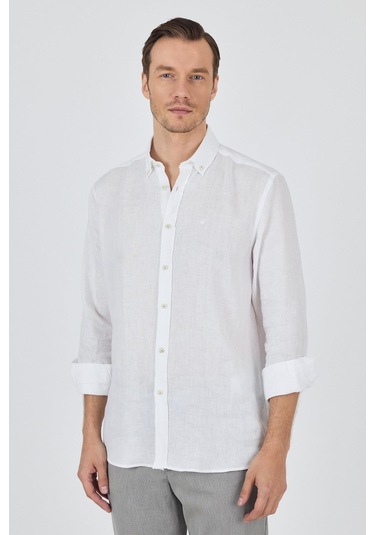 Uzun Kol Düz Keten Düğmeli Yaka Cepsiz Casual Comfort Fit Gömlek 1004250114 Beyaz