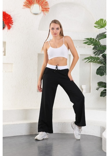 Kallima Siyah Beyaz Kemerli Mevsimlik Bol Paça Kadın Eşofman Altı Siyah