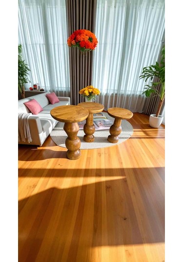 Rustik Mantar Sehpa Takımı 3 Lü Tik Renk Masif Ahşap Zigon Sehpa