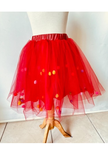 Gala İçi Ponponlu Kız Çocuk Tütülü Etek Kırmızı