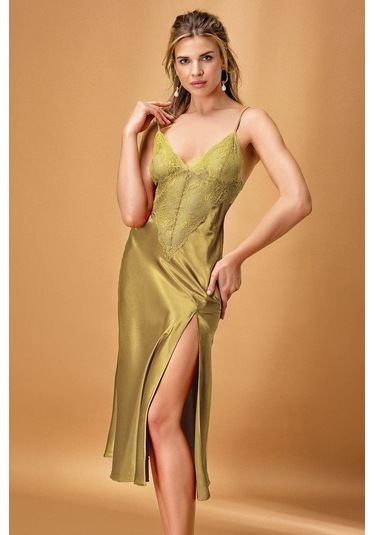 Nurteks 7136x Kadın Büyük Beden Saten İp Askılı Yırtmaç Detaylı Uzun Gecelik-yeşil Yeşil