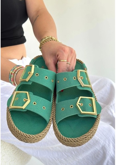 İces Yeşil Nubuk Terlik Çok Renkli