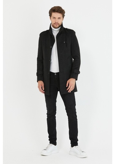 Erkek Antrasit Dar Kesim Dik Yaka Uzun Kaşe Kaban-Antrasit