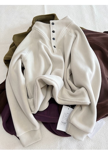 Snapbuy Düğmeli Polar Kadın Sweatshirt Krem