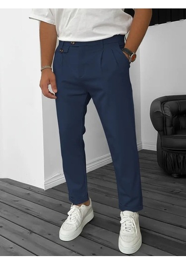 Erkek Belden Düğmeli Cepli Dokuma Pantolon Lacivert