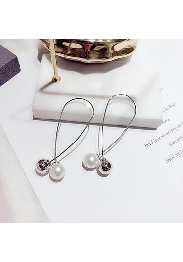 Mizaç Çift Taraflı Uzun Küpeler Kadın Sevimli Metal Minimalist El Yapımı İnci Küpeler Gümüş