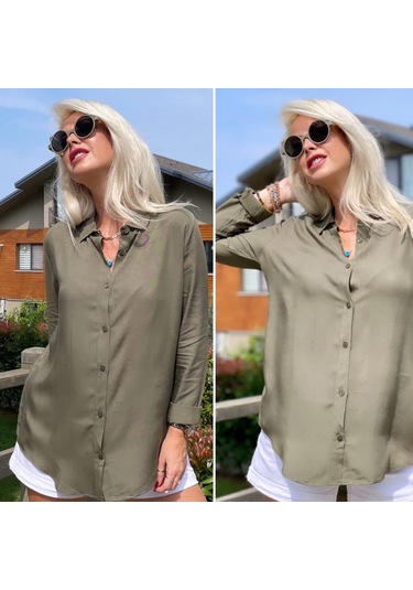 Modasize Dokuma Viskon Kumaş Efsane Gömlek Haki