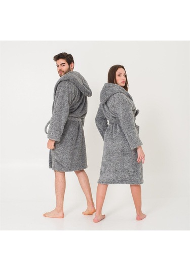 Uzun Kapüşonlu Welsoft Sabahlık Aile Seti-Gri