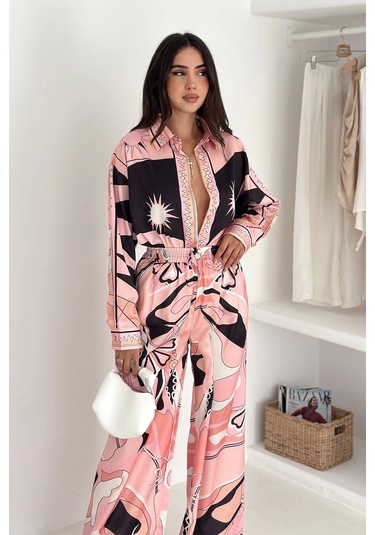 Modal Saten Kumaş Desenli Takım Pembe Pembe