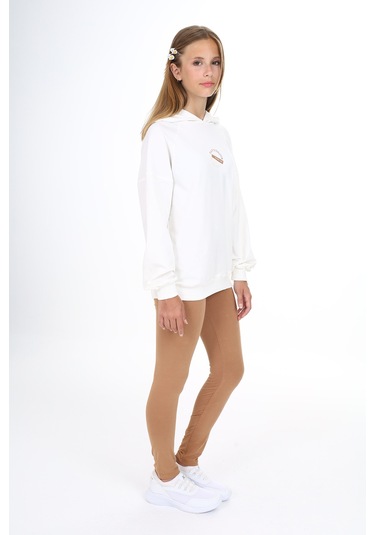 Toontoy Kız Çocuk Kapüşonlu Önü Yazı Baskılı Taytlı Takım Ekru