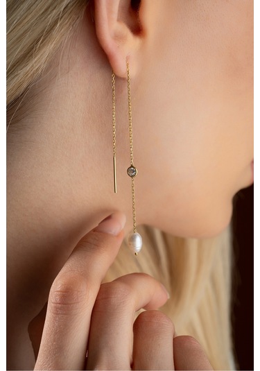 Nereze 925 Ayar Gümüş Gold Tektaş Detaylı İncili Zincir Küpe