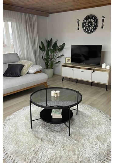 Nordic Orta Sehpa Temperli Cam 75 Cm Demonte Çizilmez Kırılmaz Metal Çerçeve Raflı Minimalist Sehpa - Siyah Siyah