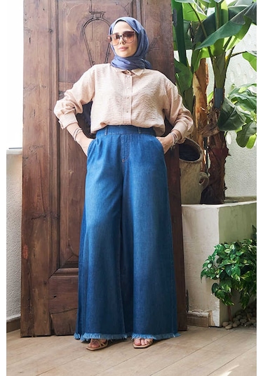 1153-denim Püsküllü Pantolon Etek Koyu Mavi Koyu Mavi