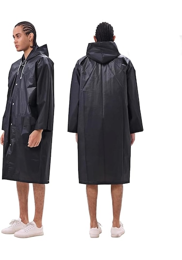 Su Geçirmez Eva Kumaş Yağmurluk Siyah Kapşonlu Çıtçıtlı Yağmurluk Siyah