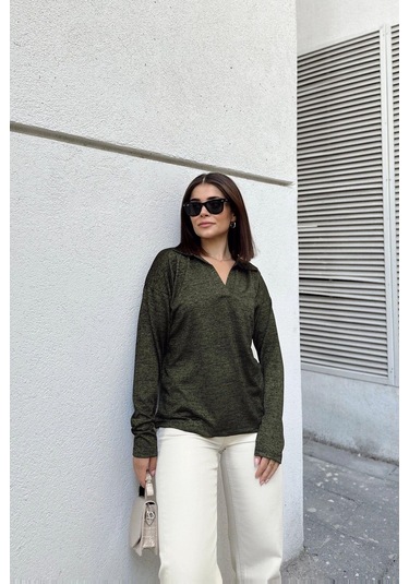 Kadın Haki Polo Yaka Basic Bluz, Uzun Kol, Regular Kesim, Günlük Ve Spor Kaliteli Kumaş Sweatshirt Yeşil