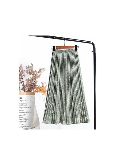 Yeşil Qooth Yaz Kadın Çiçek Baskılı Pilili Şifon Etek Yüksek Bel Pilili Orta Uzunlukta Elastik Bel Etek Qt807 Yeşil